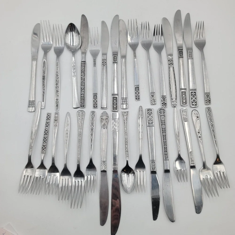 32 Pc Mixed Stainless Flatware Lot Engraved Etched Floral Geometric Mismatched